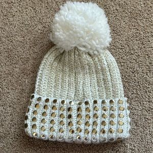 DKNY knitted metallic beanie with studs and Pom Pom